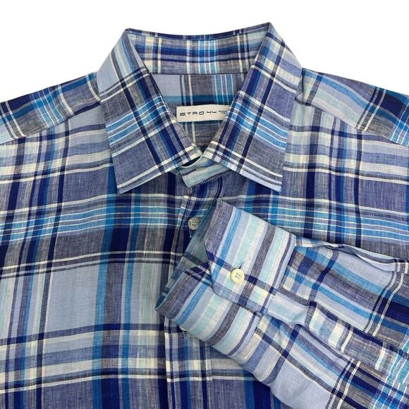ETRO Button Down Dress Shirt  Vibrant Blue Plaid Check 100% Linen Men’s Size XL - Picture 2 of 9